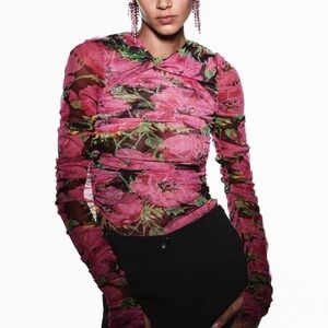 Zara Pink Floral Sheer Long-Sleeve Top